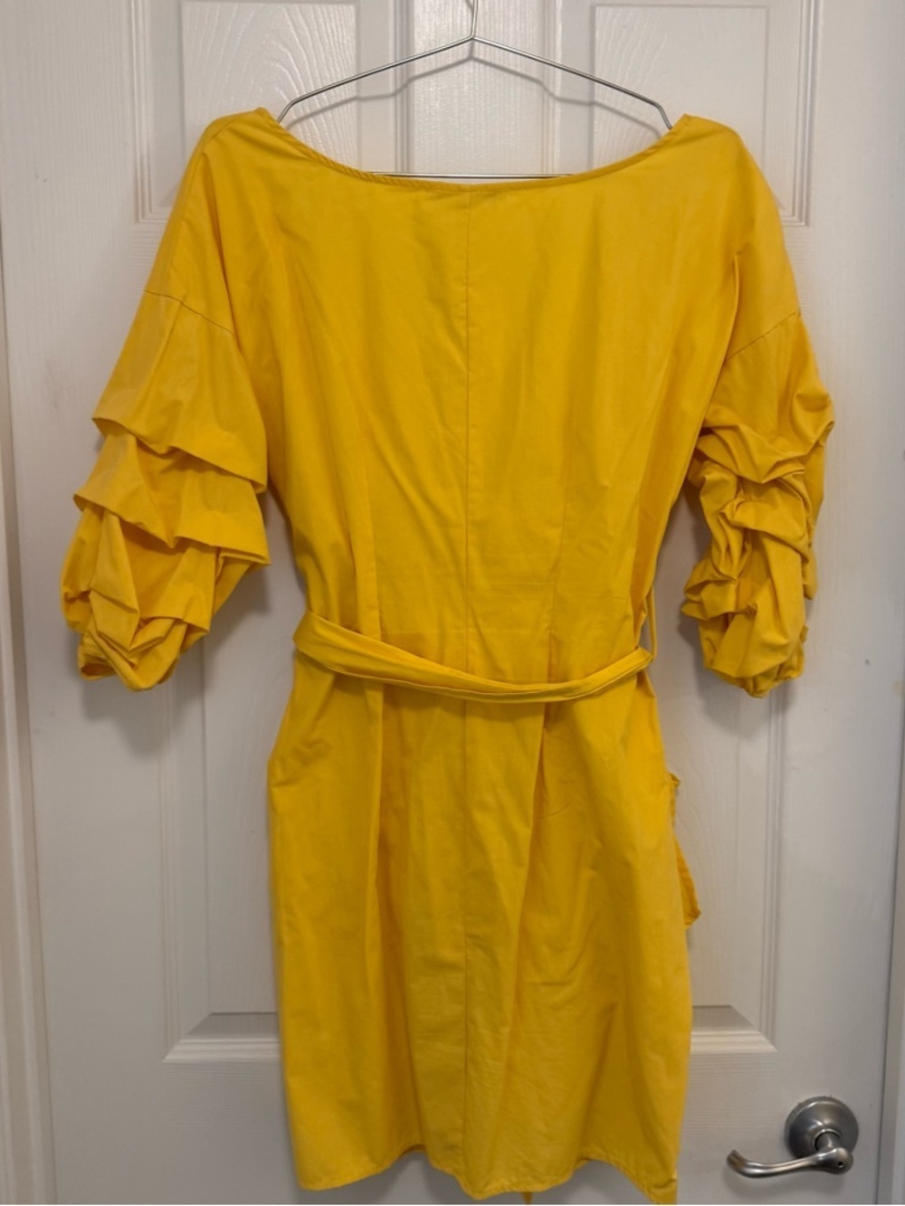 NWOT Haute Monde Yellow Ruffle Tiered Puff Sleeve Faux Wrap Mini Dress - Picture 2 of 5